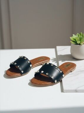 Chic Steps Gold Studded Slide On Sandals with Crocodile Sole in Black
